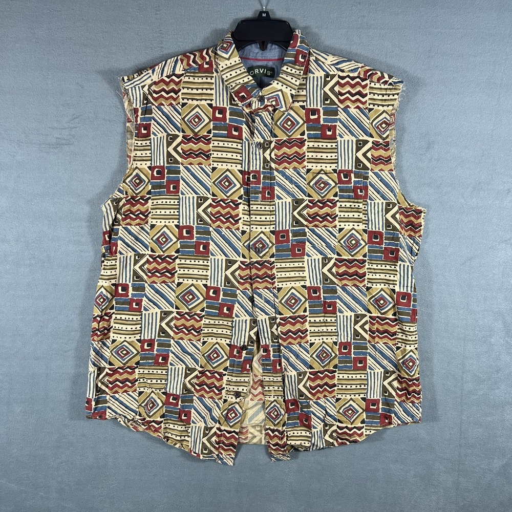 ORVIS Men's XL Sleeveless Button-Down Shirt 100% Cotton Aztec Geometric Print